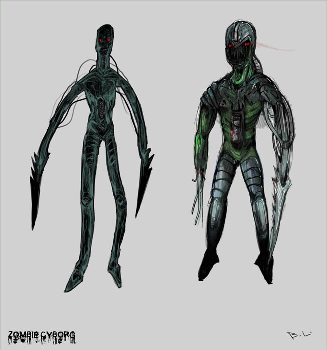 This is a concept drawing for a zombie cyborg enemy.